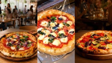 Montagem com três pizzas de borda alta, incluindo uma embalada em plástico e outras cobertas com queijo, folhas e vegetais.