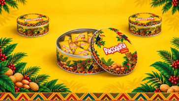 Latas decoradas de Paçoquita, uma aberta com paçocas embaladas, sobre fundo amarelo com ilustrações tropicais.