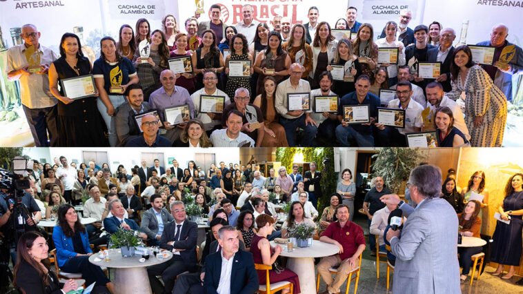 Montagem da premiação Brasil Artesanal com vencedores segurando certificados, plateia sentada e palestrante ao microfone.
