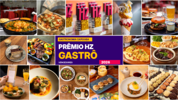 Colagem de pratos, sobremesas e bebidas com selo central do Prêmio HZ Gastrô 2026.