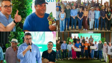 Colagem da premiação QualiCafé com produtor exibindo pacote de café, participantes reunidos, palestrante ao microfone e entrega de cheques.