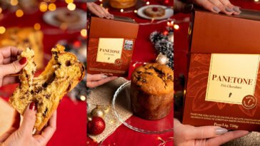 Montagem com fatia de panetone com gotas de chocolate, panetone inteiro e caixa do Panetone Três Chocolates do Frango Assado.