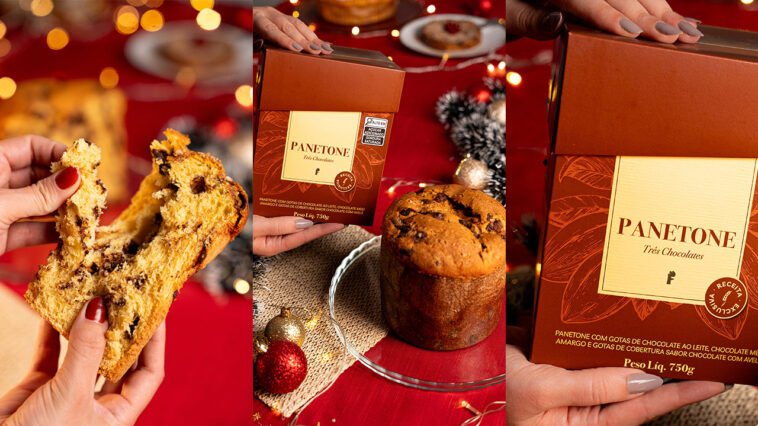 Montagem com fatia de panetone com gotas de chocolate, panetone inteiro e caixa do Panetone Três Chocolates do Frango Assado.