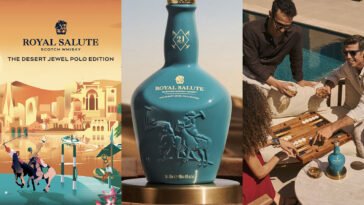 Montagem com arte da edição Desert Jewel, garrafa azul-turquesa de Royal Salute 21 anos e pessoas brindando junto a jogo de tabuleiro.