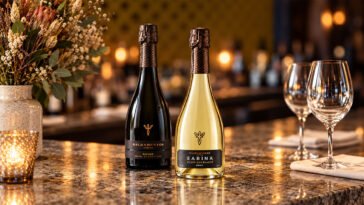 Garrafas dos espumantes Sabina Blanc de Blancs e Nature Prima Sboccatura, da Sacramentos Vinifer, ao lado de duas taças vazias.