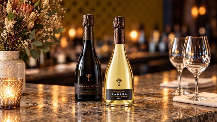 Garrafas dos espumantes Sabina Blanc de Blancs e Nature Prima Sboccatura, da Sacramentos Vinifer, ao lado de duas taças vazias.