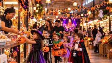 Crianças fantasiadas de bruxa, esqueleto, abóbora, fada e vampiro recebem doces em mercado decorado para Halloween.