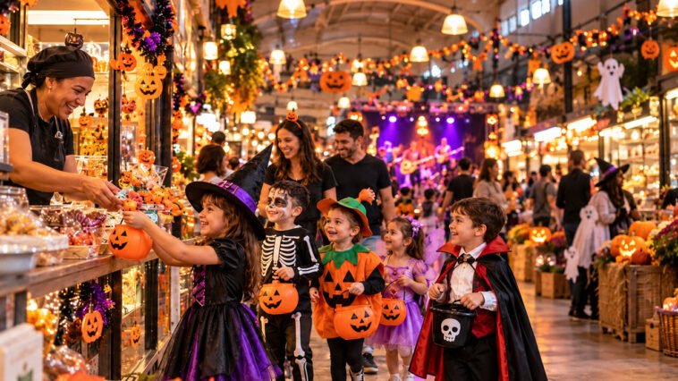 Crianças fantasiadas de bruxa, esqueleto, abóbora, fada e vampiro recebem doces em mercado decorado para Halloween.