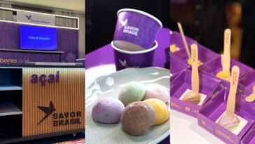 Montagem da Savor Brasil com balcão de açaí, cinco mochis coloridos em prato e sobremesas individuais em caixas roxas.