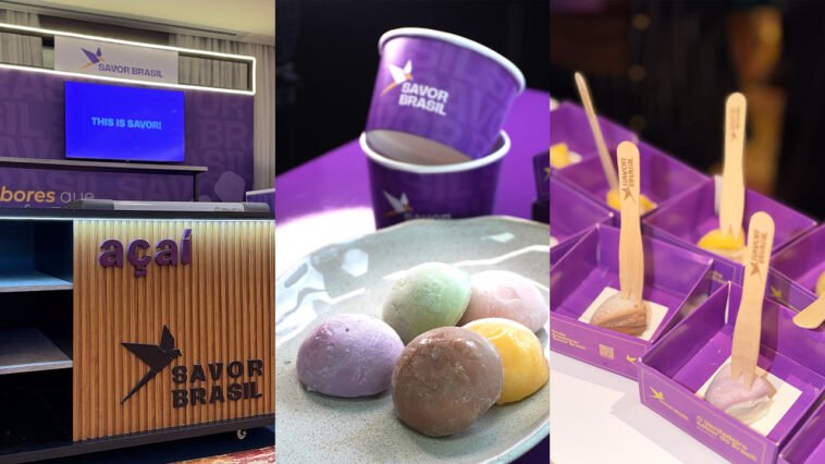Montagem da Savor Brasil com balcão de açaí, cinco mochis coloridos em prato e sobremesas individuais em caixas roxas.
