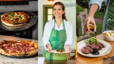 Montagem com duas pizzas, cozinheira de avental verde segurando prato e carne fatiada recebendo molho escuro.