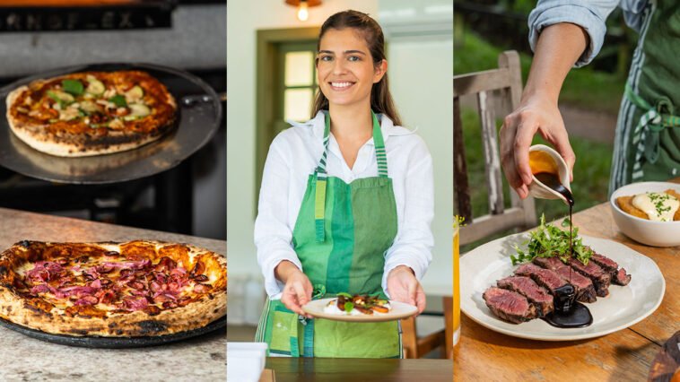 Montagem com duas pizzas, cozinheira de avental verde segurando prato e carne fatiada recebendo molho escuro.