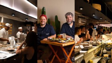 Montagem com cozinheiros trabalhando diante do balcão, dois homens sorrindo à mesa com pratos e clientes em balcão de sushi.