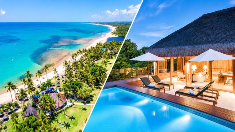 Montagem com praia de águas azul-turquesa e coqueiros ao lado de suíte com piscina privativa e espreguiçadeiras.
