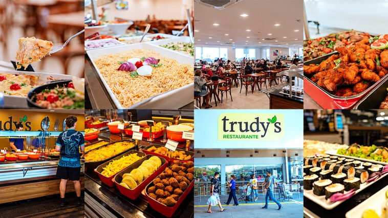 Colagem com bufês de saladas, pratos quentes e sushis, salão com clientes e fachada do restaurante Trudy’s.