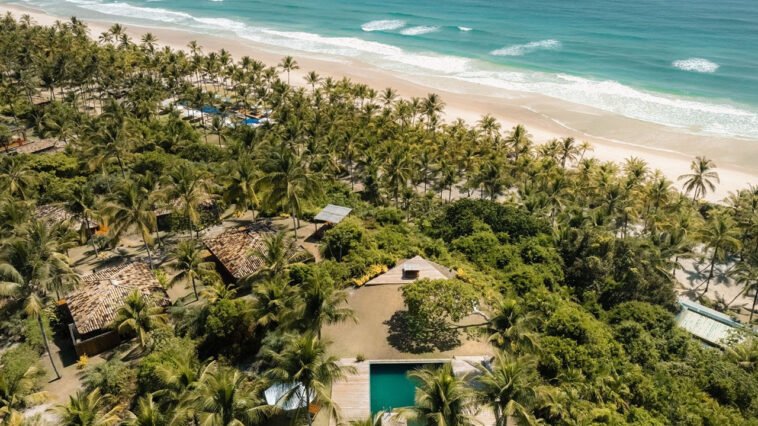 Vista aérea de bangalôs e piscina entre coqueiros, ao lado de praia de areia clara e mar azul.