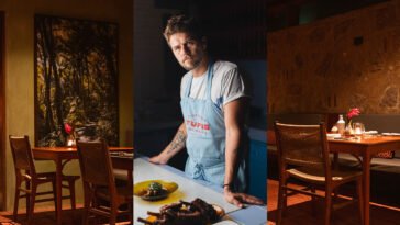 Montagem com duas mesas de restaurante de iluminação aconchegante e chef de avental azul diante de pratos preparados.