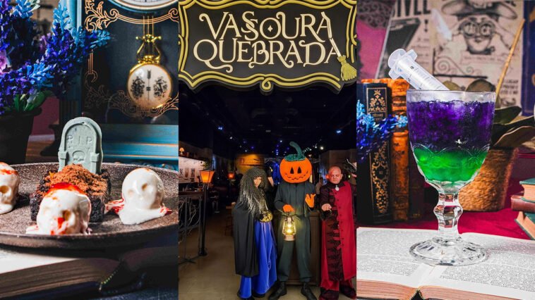 Montagem de Halloween com sobremesa decorada com caveiras, personagens fantasiados e coquetel roxo e verde com seringa.