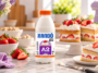 Garrafa de creme de leite A2 zero lactose Xand&ocirc; diante de fatias de bolo com morangos e cobertura branca.
