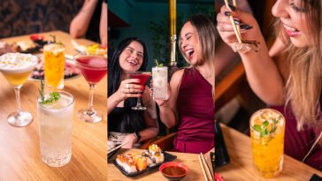 Montagem com coquetéis coloridos, duas mulheres brindando à mesa com sushi e mulher segurando carne com hashis.
